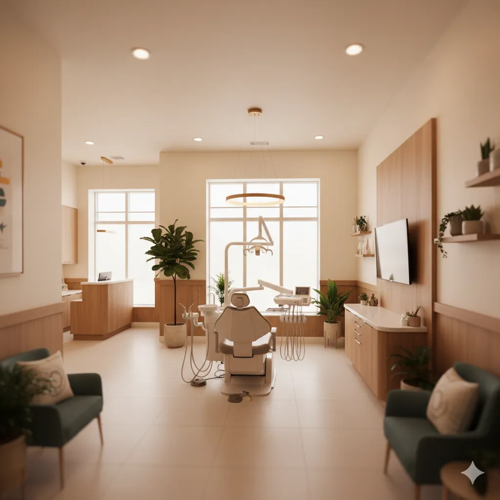Interior moderno de clínica dentária com iluminação quente