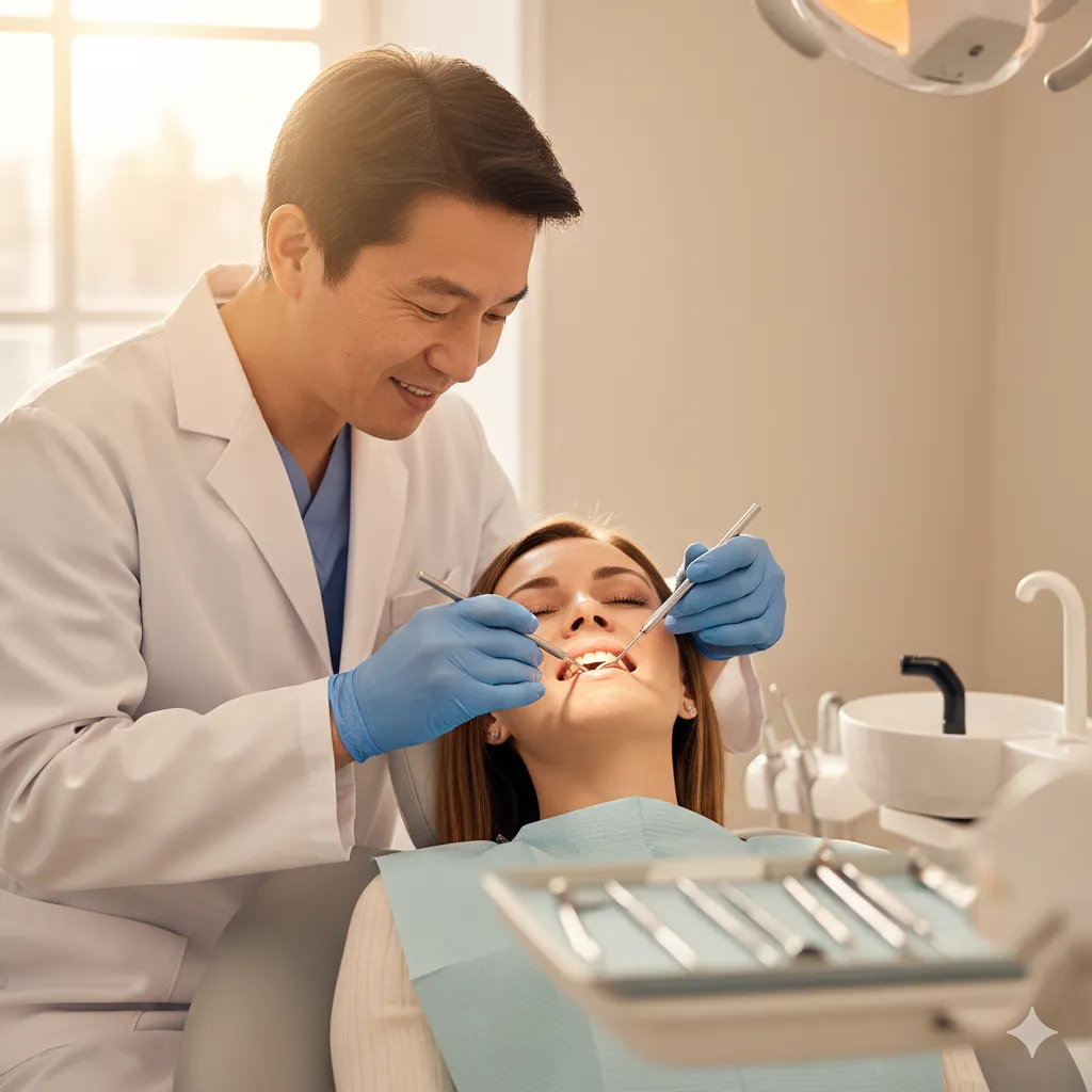 Dentista a examinar cuidadosamente um paciente