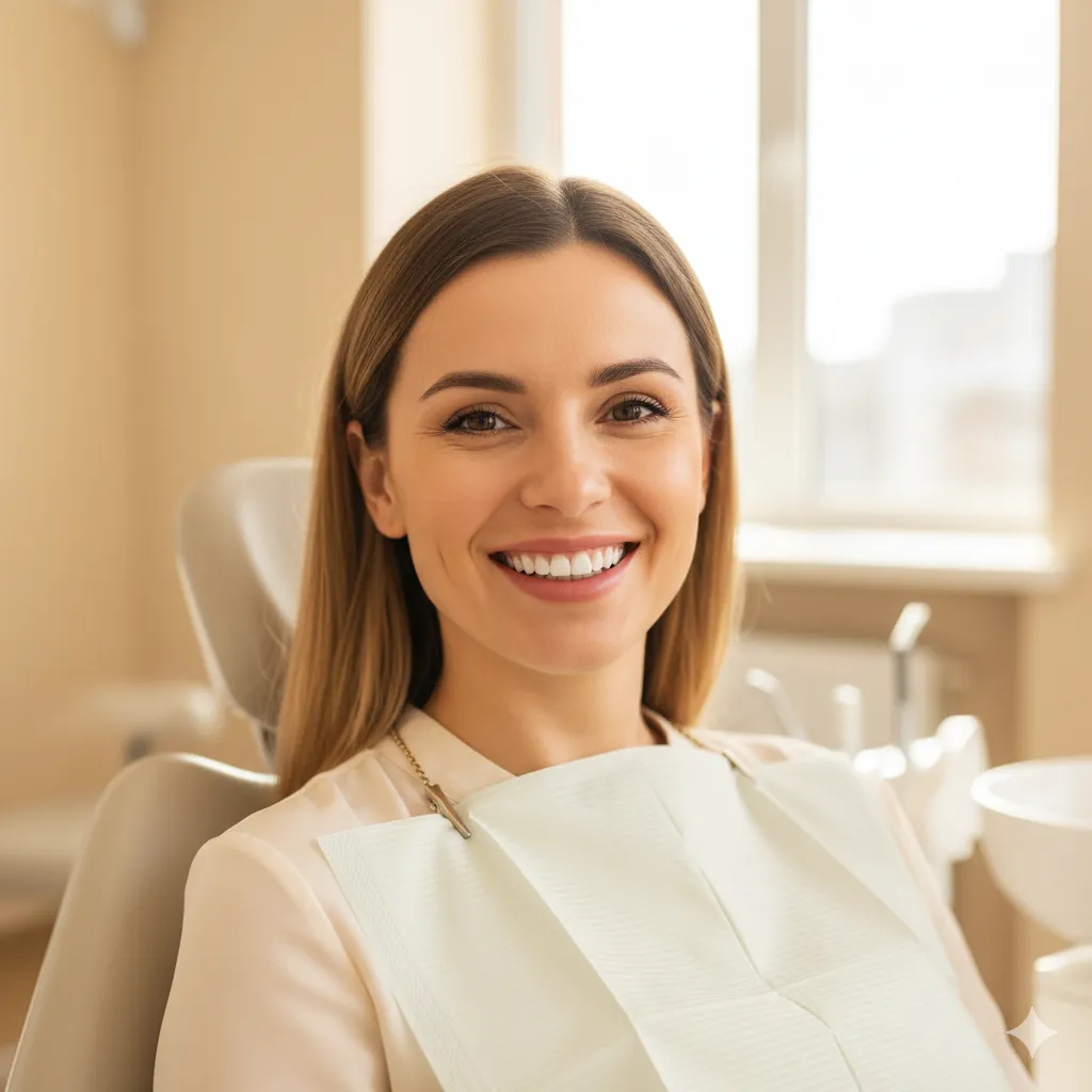 Paciente a sorrir após tratamento dentário